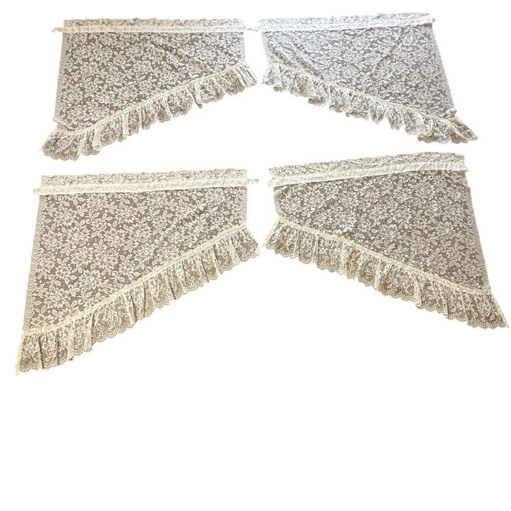 Vintage 4 Panels Burlington Floral Lace Triangle Valances Ruffle Trim Off White